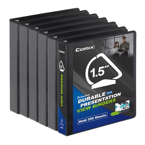 COMIX Sturdy 1.5 Inch D-Ring 3 Ring Binder with Clear View Cover | 1.5"Heavy Duty D-Ring,PVC-Free 2.4mm Board,Holds 350 Letter Sheets,Commercial Bulk for Corporate Offices,6 Pack (Black) - color: Black, size: 1.5-Inch, style: 6 Pack