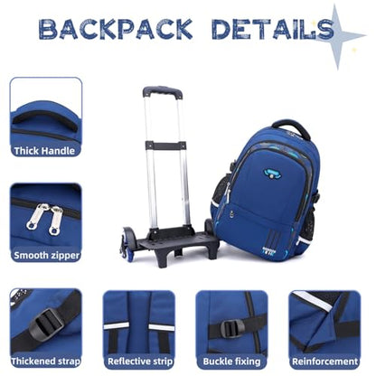Boys Rolling Backpack Elementary Middle School Students Bookbag with Wheel Teens Trolley Removable Schoolbag - color: B-black&blue