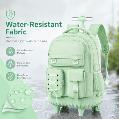 KLFVB Roller Backpack for Girls, 3PCS Rolling Bookbag with Lunch Bag for Kids, Wheeled School Bag for Teen - Cyan Ribbon Bow - color: Cyan Ribbon Bow Rolling Backpack