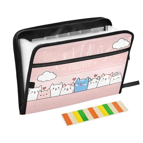 Cute Kitty Cat Pink Expanding Accordion File Folder with 13 Pockets, Sticky Labels & Zipper Closure - color: Cute Adorable Kitty Cat Family
