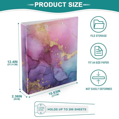 Purple Pink Blue and Gold Marble Binder 3 Ring 1.5 Inch Binder with Clipboard&Pockets, Hardcover Binders Heavy Duty Large File Folder for Office School Supplies - Holds 200 Sheets - color: Purple Pink and Gold Marble, size: 1 Pack-12.4x10.63in