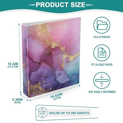 Purple Pink Blue and Gold Marble Binder 3 Ring 1.5 Inch Binder with Clipboard&Pockets, Hardcover Binders Heavy Duty Large File Folder for Office School Supplies - Holds 200 Sheets - color: Purple Pink and Gold Marble, size: 1 Pack-12.4x10.63in