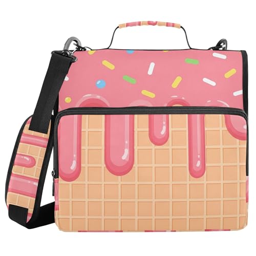 Ice Cream Zipper Binder with Shoulder Strap, 500 Sheets Capacity, Multiple Pockets 1.5Inch 3 Ring Zipper Binder - color: Ice Cream
