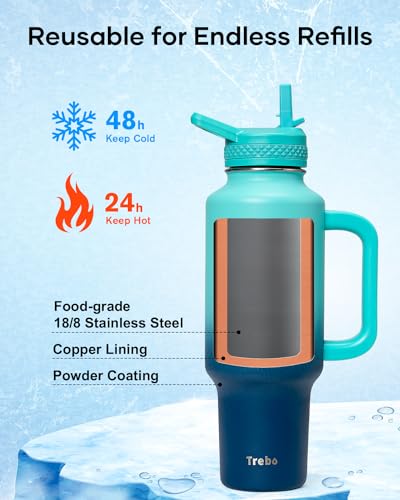 Trebo Insulated Water Bottle 40oz Fits in Car Cup Holder with Side Handle | Stainless Steel Metal Tumbler with Straw Spout Lids, Triple-Wall Vacuum Copper Plated, Cold 48 Hrs Hot 24 Hrs for Travel, Gym - color: Blue, size: 40 Ounces
