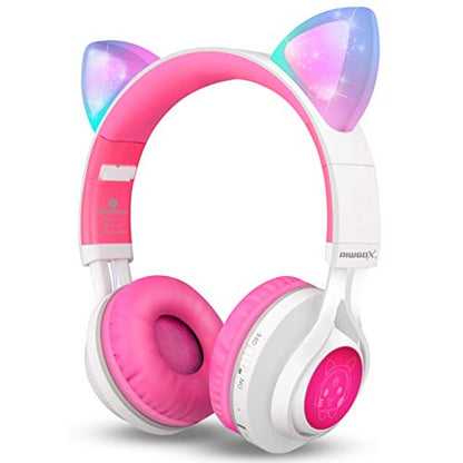 Riwbox CT-7 Cat Ear Bluetooth Headphones, LED Light Up Bluetooth Wireless Over Ear Headphones with Microphone and Volume Control for Travel/School/Smartphones/Laptop/PC/TV (White&Pink) - color: White&Pink