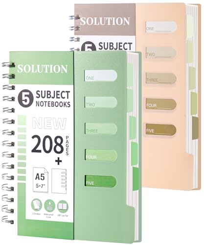 FLYING EAGLE 2 Pcs 5 Subject Notebook College Ruled Small Spiral Notebook 5x7 with Dividers Tabs Waterproof Plastic Cover Thick Paper Notebooks for Work School, Green+Orange - color: 5.green+orange, size: 1.A5-College Ruled