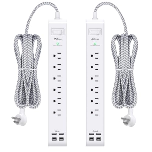 2 Pack Power Strip 15FT, Surge Protector with 6 Outlets and 4 USB Ports (2 USB C), Flat Plug Overload Protection, Extension Cord with Multiple Outlets, Wall Mount for Home Dorm College - size: 15FT, style: Braided Cord & Right Angle Plug