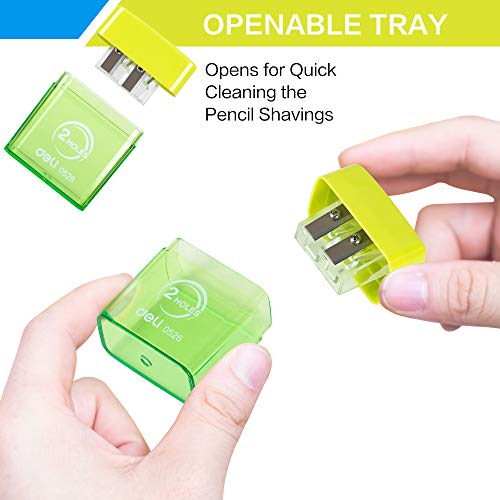 Deli Pencil Sharpener, Manual Pencil Sharpeners, Dual Holes with Lid, Random Color