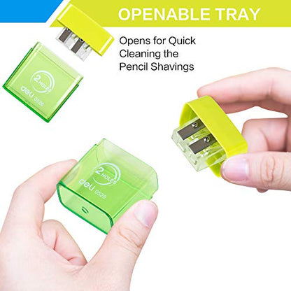 Deli Pencil Sharpener, Manual Pencil Sharpeners, Dual Holes with Lid, Random Color