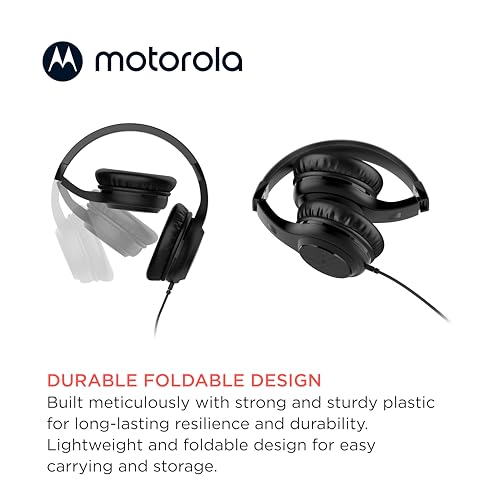 Motorola Sound Moto XT120 Over Ear Headphones Wired with Microphone, in-Line Command Control for Calls - Foldable Wired Headphones with Adjustable Cushioned Headband, Dynamic Bass, 3.5mm Jack - Black - color: Black