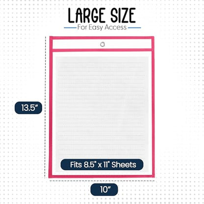 Essex Wares - 6 Pack, Hot Pink, Durable Water-Resistant Dry Erase Pocket Document Protectors, 10" Wide x 13.5" Tall - Dry Erase Clear Plastic Sleeves - Reusable & Easy Erase Plastic Invoice Holders - color: Hot Pink