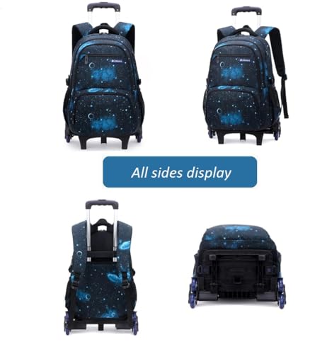 3Pcs Boys Galaxy Rolling Backpack Kids Backpack with Wheels Trolley Bookbag Wheeled School Bag with Lunch Bag - color: Large 6wheels-3pcs Black Blue-starry Sky, size: Large 3-Piece Set