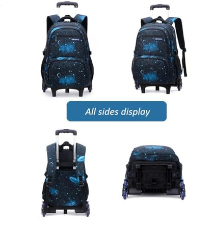 3Pcs Boys Galaxy Rolling Backpack Kids Backpack with Wheels Trolley Bookbag Wheeled School Bag with Lunch Bag - color: Large 6wheels-3pcs Black Blue-starry Sky, size: Large 3-Piece Set