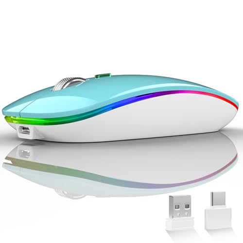 Uiosmuph LED Wireless Mouse, G12 Slim Rechargeable Silent Mouse, 2.4G Portable USB Optical Wireless Computer Mice with USB Receiver and Type C Adapter (Blue) - color: Blue