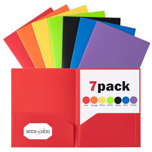BOOMIBOO Colored Plastic Folders with Pockets (7 Pack, Assorted Colors) | Durable Heavy Duty File Folders with Business Card Slot, 2 Pocket Folders for Schoolwork & Office,Letter Size - color: Rainbow