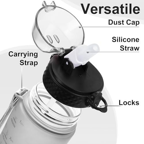 Kids Water Bottle, 24 oz Tritan BPA-Free, Leak Proof, White Black | Motivational Time Markers, Straw Lid, Wide Mouth, for Home, School & Summer Camp-1 Lid Included - color: White Black