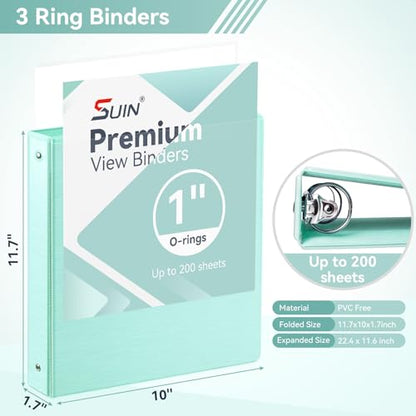 SUIN 1 Inch 3 Ring Binder, Clear 1'' View Presentation Binders with 2 Pockets, Fits 8.5 x 11 Letter Size, Durable Polypropylene, Non-Stick & PVC-Free for School, Office & Home (Brushed Green) - color: Brushed Green
