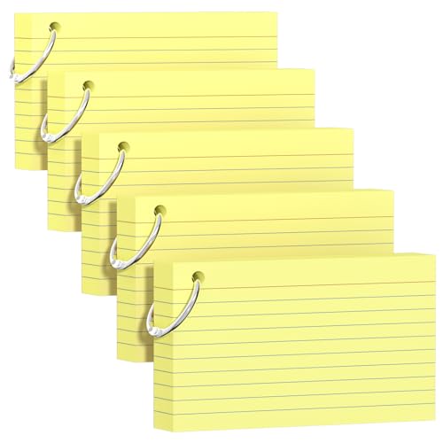 250 Count Yellow Index Cards 3x5 Inch with Key Ring, Color Flash Index Card (50 Sheets Each), Durable & Portable Note Taking for Students, Teachers, Study Note Cards for Office Home School - color: Yellow 5 Pack