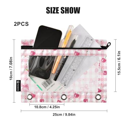 Binder Pencil Pouches Bow and Cherry Pen Case | Clear Window 3 Rings, Cosmetic Bags School Office Supplies Cosmetic Makeup Bag 2 Psc - color: Multi-cherry Plaids