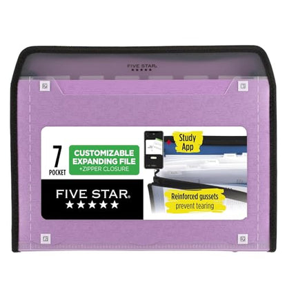 Five Star 7 Pocket Expanding File Organizer, Plastic Expandable File Folders with Customizable Tabs & Clear Cover, Holds 11" x 8-1/2", Zipper Closure, Seaglass Green (72707)