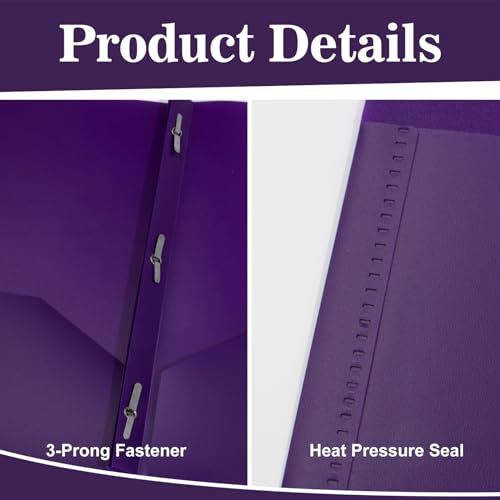 12-Pack Plastic Folders with Pockets and Prongs, 2-Pocket Poly Folders with 3 Fasteners Holds 8-1/2" x 11" Paper for School/Office/Home, Purple - color: Purple, size: 12-Pack