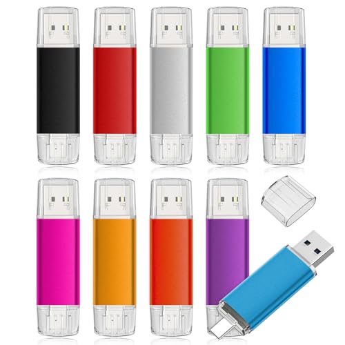 USB C Flash Drive 8GB 10 Pack, AreTop Type-C Flash Drive+USB A Thumb Drive | USB 2.0 OTG Memory Stick Compatible with iPhone 17/16/15, Android Smartphone/Tablets/Computers, Mix-Colors, 10 Pack - color: 10 Pack, size: 8GB (USB 2.0)