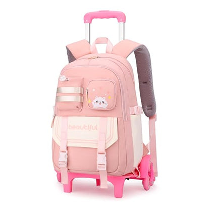 Cat Print Rolling Backpack for Girls Kids Backpack with Wheels Roller Bookbag Trolley School Bag Wheeled Bag Pink - color: 6 Wheels Pink A1, style: 6 Wheels