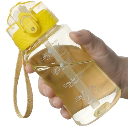 OLDLEY 12oz Kids Water Bottle, Tritan BPA-Free, Leakproof Flip Straw Lid, Motivational Time Marker, Carry Strap, Reusable Clear Water Bottle for Boys & Girls,Butter - color: Butter, style: 12 Ounces
