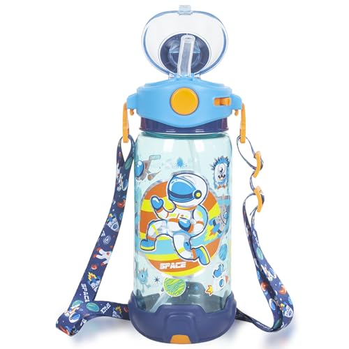 Kids Water Bottle with Straw/Lanyard for School Kids Girls Boys, 22oz BPA Free Child Drinking Water Bottle One-Click-Open Leak-Proof Locking Flip Lid for School Sport Travel - color: H15. Space