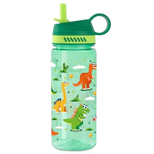 Dinosaurs Kids Water Bottle for School 19oz with Straw Pop-Up Spout Cover and Carry Handle, Leak Proof Water Cup for Boys, Plastic Waterbottle for Sport Travel - color: Dinosaurs Light Green, size: 20.3 Ounces