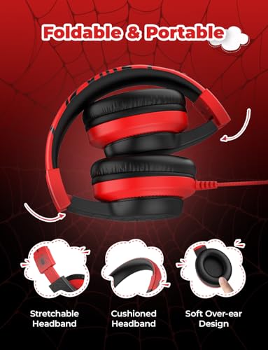 iClever HS19 Kids Headphones for School with Microphone, Safe Volume Limiter 74/85dBA, Over-Ear Girls Boys Headphones for Kids with FunShare Foldable Wired for iPad/Travel (Spider Black) - color: Black Spider
