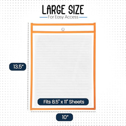 Essex Wares - 6 Pack, Orange, Dry Erase Pocket Document Protectors, 10" Wide x 13.5" Tall - Dry Erase Clear Plastic Sleeves - Reusable & Easy Erase Plastic Invoice Holders, Water-Resistant & Durable - color: Orange