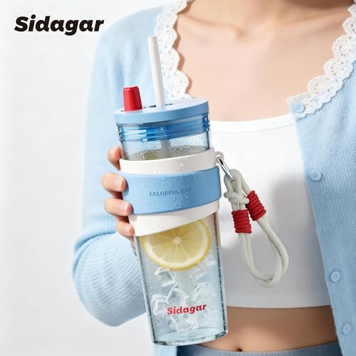 24oz Tritan Water Bottle with Straw and Silicone Sleeve, Blue Leak-Proof Aesthetic Tumbler with Portable Carrying Strap, BPA-Free Reusable Straw Cup for School, Office, Gym - color: Sea Salt Crystal