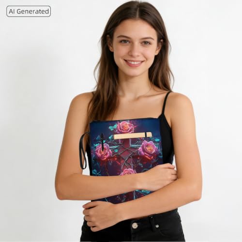 Padded Book Sleeve with Zipper & Front Pocket, Fabric Book Cover | Gothic Rose Flower Cross11.4"x8.7" Washable Canvas Pouch for Hardcovers, Tablets & Reading Accessories - color: Gothic Rose Flower Cross