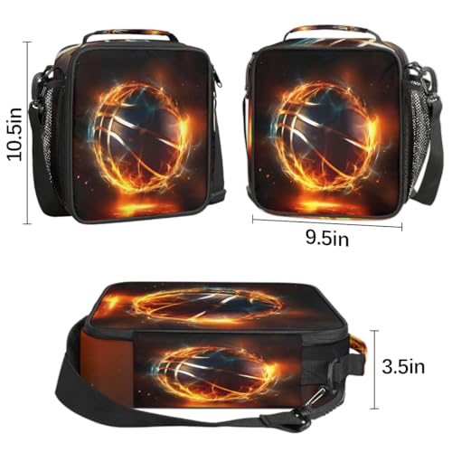Flame Basketball Boys Lunch Box for School Insulated Kids Lunch Box Reusable Leakproof Lunch Bag Thermal Cooler Tote Picnic Lunchbox with Adjustable Shoulder Strap Back to School Gifts for Teens Boys - color: Flame Basketball