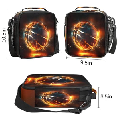 Flame Basketball Boys Lunch Box for School Insulated Kids Lunch Box Reusable Leakproof Lunch Bag Thermal Cooler Tote Picnic Lunchbox with Adjustable Shoulder Strap Back to School Gifts for Teens Boys - color: Flame Basketball