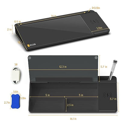 SELEAD Desktop Glass Whiteboard with Wireless Charger Station, Dry Erase Board Computer Pad Keyboard Stand with Organizer Drawer for Home, School, Office Desk Accessories, Black - color: Black Charger