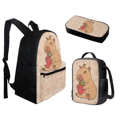 BIGCARJOB Capybara School Bags Set for Kids Girls Large Backpack Back to School Bookbags Set with Lunch Box and Pencil HolderTeens College Student Casual Daypack - color: Capybara Print, size: One Size
