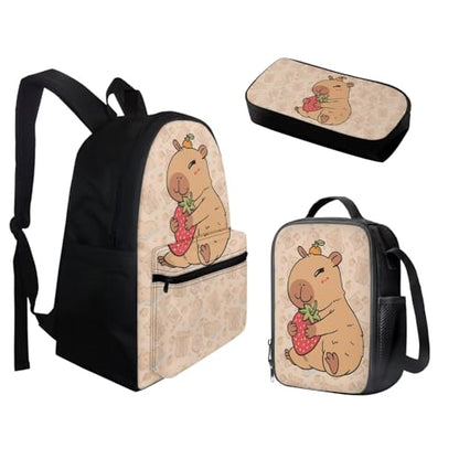 BIGCARJOB Capybara School Bags Set for Kids Girls Large Backpack Back to School Bookbags Set with Lunch Box and Pencil HolderTeens College Student Casual Daypack - color: Capybara Print, size: One Size