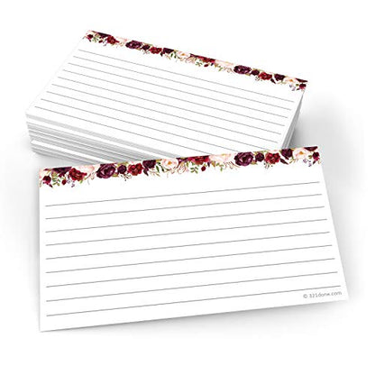 321Done Ruled Index Cards, Small 3x5, Set of 50, Red Roses on White | Made in USA - Lined Note Cards for Studying, Flashcards and Recipes, Heavy White Cardstock, Lines Both Sides, Home and School - size: Small (3x5)