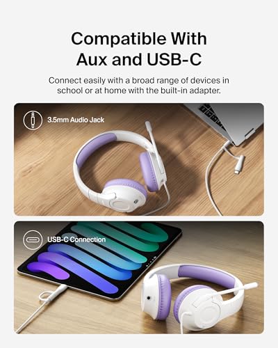 Belkin SoundForm Inspire Wired Over-Ear Headset for Kids, Online Learning & Travel w/Built-in Boom Mic, 85dB Safe Volume Limit - USB-C & 3.5mm - Compatible w/iPhone, iPad, Galaxy & More - Lavender - color: Lavender, style: Wired