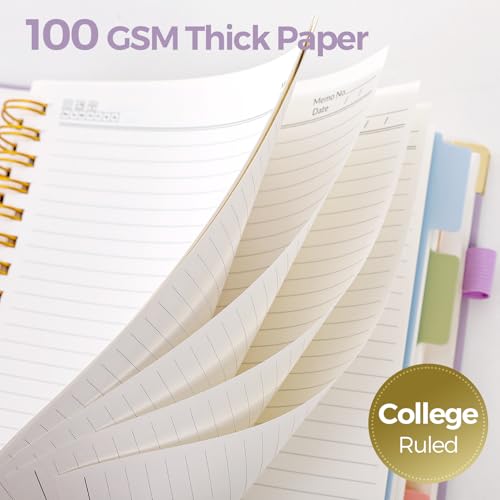 SKYDUE 5 Subject Notebook with Dividers and Tabs, 8" x 10" College Ruled Notebook for Work, 300 Pages Spiral Journal for Women, Purple - color: Purple