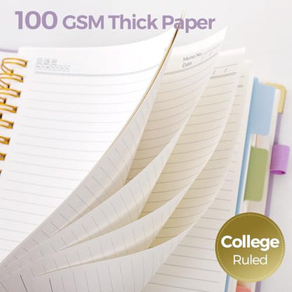 SKYDUE 5 Subject Notebook with Dividers and Tabs, 8" x 10" College Ruled Notebook for Work, 300 Pages Spiral Journal for Women, Purple - color: Purple