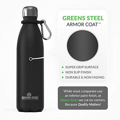 Greens Steel Stainless Steel Water Bottle - 25 oz, Black | Vacuum Insulated Double Wall with Screw Lid/Leak Proof | Thermal Travel Sports Canteen Coffee Flask - color: Black, size: 25 Ounces