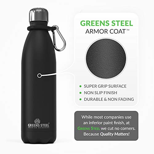 Greens Steel Stainless Steel Water Bottle - 17 oz, Black | Vacuum Insulated Double Wall with Screw Lid/Leak Proof | Thermal Travel Sports Canteen Coffee Flask - color: Black, size: 17 Ounces