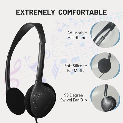 Bulk Headphones for Kids Students School Classroom, Black | 50 Pack, Adjustable, 3.5 mm Jack, For Library Children Adults - size: 50 PACK