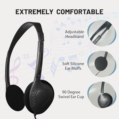 Bulk Headphones for Kids Students School Classroom, Black | 50 Pack, Adjustable, 3.5 mm Jack, For Library Children Adults - size: 50 PACK