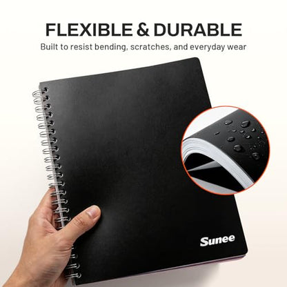 SUNEE Spiral Notebook, 3 Subject, College Ruled Paper, 8" x 10-1/2", 150 Sheets/300 Pages, 3 Pocket Colored Dividers, Water Resistant Cover, Black - color: Black