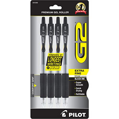 Pilot, G2 Premium Gel Roller Pens, Extra Fine Point 0.5 mm, Pack of 4, Black