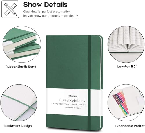 Huhuhero Notebooks Journal, Ruled Notebook, Premium Thick Paper Lined Journal, Black Hardcover Notebook for Office Home School Business Writing Note Taking Journaling, 5"×8.25" (5, Green) - color: Green, size: 5